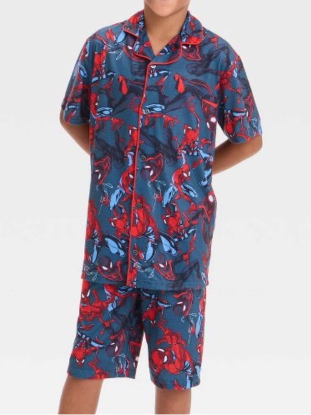 Boys' Spider-Man Pajama Set - Gray Relaxed Fit, Collared, Short Sleeve,